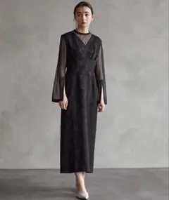 チュールブラウス付Vネックジャカードタイトパーティードレス