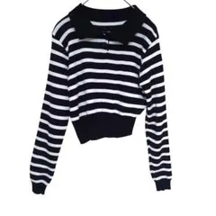 WC　ウィゴー　ボーダーニット　黒と白のストライプ 襟付きニットセーター