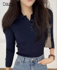 DAZY ポロカラーニット 半ジップ ネイビー
