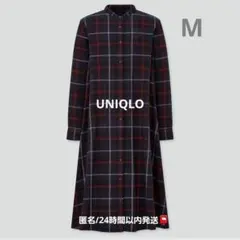 UNIQLO 　フランネルAラインワンピース　長袖　M　ネイビー　チェック