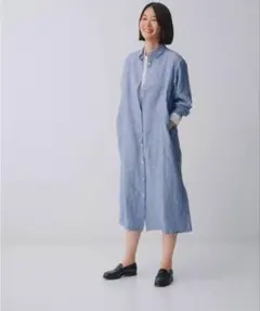 無印良品 リネン洗いざらし長袖シャツワンピース Mサイズストライプ