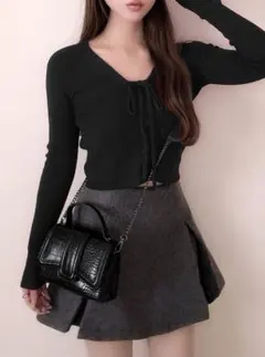 GRLグレイルレースアップリボンリブニットトップス黒ブラックМ