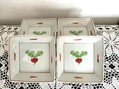 【未使用・外箱入】たち吉 赤絵かぶら 角鉢 4枚セット 和食器 角皿 橘吉のサムネイル