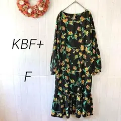 KBF+　長袖フラワープリントロングワンピース　ブラック　F　総柄　秋ワンピ