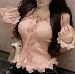 SHEIN シーイン ピンク レース フリル 長袖 トップス