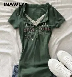 INAWLY レース付き 半袖カットソー グリーン