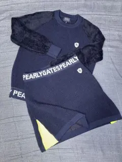 （美品）パーリーゲイツ、ネイビー&オレンジ柄、ニット素材、セットアップ、サイズ0