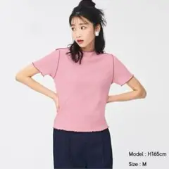 GUジーユー/リブバイカラーメローコンパクトT(半袖) ピンク M