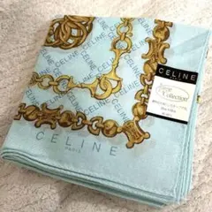 美品 CELINE セリーヌ 水色 チェーン柄 ハンカチ スカーフ 大判 綿
