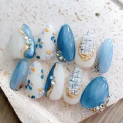 ニュアンス　結婚式　ぷっくりフラワー　マグネットネイル　フレンチ　ツイードネイル
