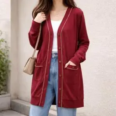 コルザ【L】ロングカーディン 配色ライン Vネック ニット 秋冬 体型カバー