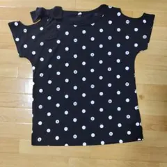 ドット柄 リボン付き 半袖Tシャツ オープンショルダー ブラック 150cmのサムネイル