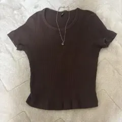 ブラウン リブ 半袖Tシャツ