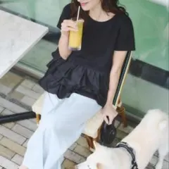 【NATURAL BEAUTY BASIC】半袖ドッキングペプラムカットソー　黒のサムネイル