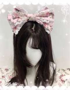 ロリータ 花柄 リボン カチューシャ ピンク 薔薇 レース 姫系 ハンドメイド