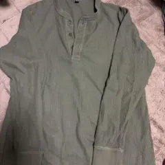 オリーブ色 コットン ヘンリーネックシャツ L