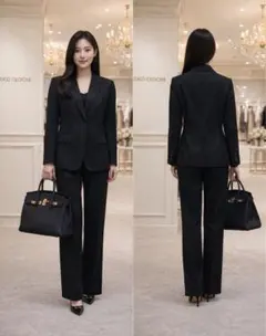 新品上質ブラックパンツスーツ＆スカートストライプ 美シルエット 細見え通勤