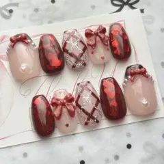 【お試し販売】【現品】ネイルチップ ハートホログラム 赤 リボン チェック