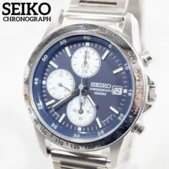 良品 SEIKO セイコー クロノグラフ メンズ ネイビー/シルバー 新品電池