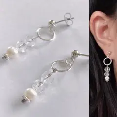 淡水パールとクリスタルビーズのリングピアス