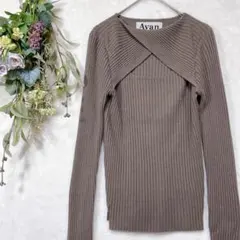 ブラウン フロントツイストオープン ニット 長袖セーター トップス1420