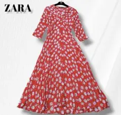 最終です。ZARA 赤 花柄 フレアスリーブ マキシドレス　花柄　S