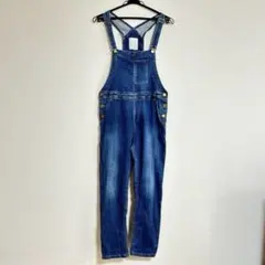 デニムブルー オーバーオール クロスストラップ サロペット M