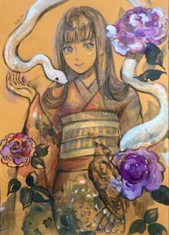 手描きイラスト 　アナログイラスト　オリジナル 獣人 桜 水彩画　原画 手描きイラスト アナログイラスト オリジナル 獣人 桜 水彩画 原画