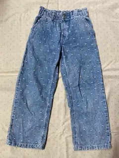 ハート刺繍 デニムパンツ キッズ 女の子 長ズボン ブルー　130のサムネイル