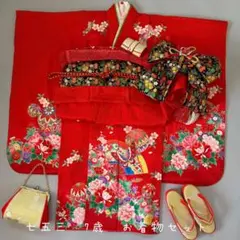 七五三 7歳 花柄 正絹 友禅 着物 フルセット ピンクオレンジ 古典柄