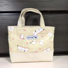 ハンドメイド 、ミニトートバッグ　　 シマエナガと小枝だと花（ベージュ）