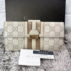良品　GUCCI シマ　シェリーライン　Wホック　長財布　ホワイトグレーのサムネイル