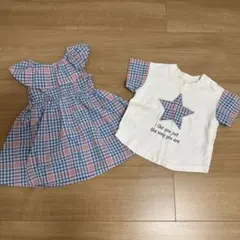 男女双子　チェック柄ワンピースとTシャツセット　80サイズのサムネイル