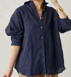 Loungedress リネンバックタイシャツ ネイビー 金ボタン 長袖