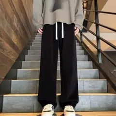 コーデュロイ ワイドストレートパンツ XL ブラック カジュアル 男女兼用 黒