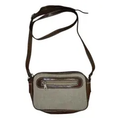 キャンバス×レザー コンパクトショルダーバッグ ベージュ×ブラウン