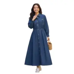 【マキシ丈】デニムワンピース　シャツワンピース　ギャザー　フレア　Aライン　M