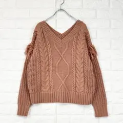 マウジー/フリー/橙色/Vネック 長袖ニット/ケーブル編み/フリンジ/カジュアル