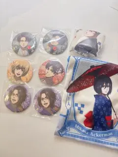 進撃の巨人 縁日 和紙風 缶バッジ 巾着 リヴァイ ミカサ エレン ハンジ