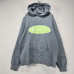 Champion　フーディー　パーカー　L　ビッグロゴ　ブルーグレー　人気　古着