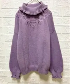 axesfemmeフリルタートルニットセーター　刺繍　パープル　厚手