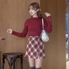 新品・未開封 クルーネック袖ボタンリブニットトップス[k9274f]