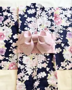 新品 子供用浴衣　桜模様ネイビー浴衣 ピンク帯セット　130〜140cm