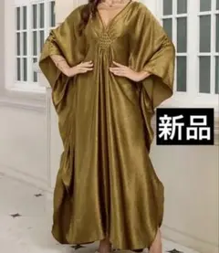 【新品】ガラベーヤ・カフタン・ロングドレス！ゴールド Vネック