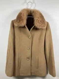 163Aアンゴラ混 ウールコート ブルーフォックス ファー付き キャメル 9号