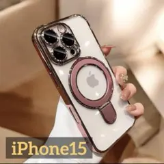 iPhone15ケース ピンクmagsafeカバーリングワイヤレス充電スタンド付