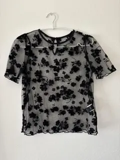 DAZY ブラック シースルー刺繍 半袖トップス M