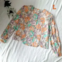 昭和 レトロ ブラウス カットソー 総柄 花柄 金ボタン ヴィンテージ L