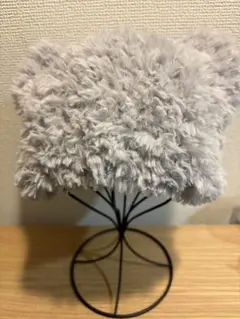 ふわふわ 猫耳 ニット帽 グレー ハンドメイド 一点物 ファー風 ハンドメイド