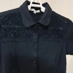 ナラカミーチェ胸元 レースブラック半袖カットソーサイズIポロシャツ風